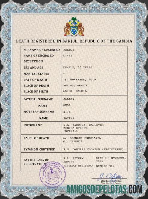 Em branco modelo PSD de certidão de óbito da Gâmbia